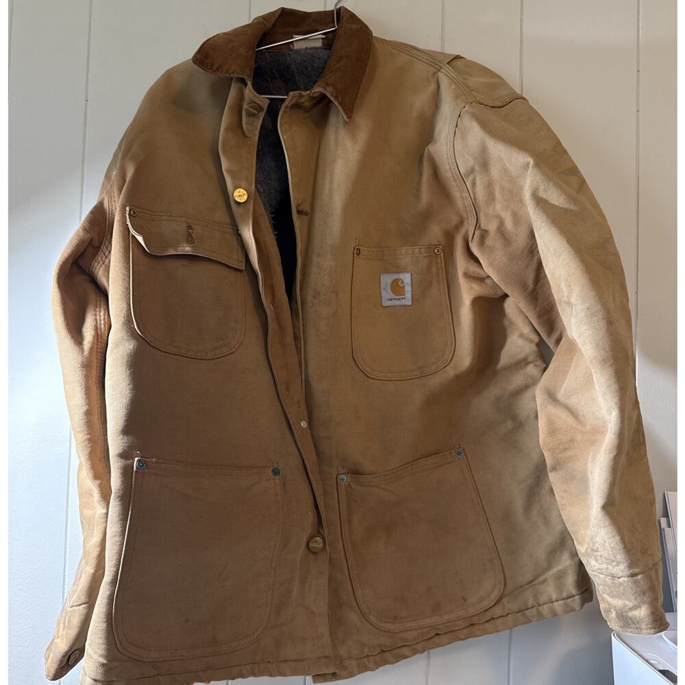 Carhartt Chore Coat Men Tan Duck Canvas Blanket Lined Distressed Jacket Workwear